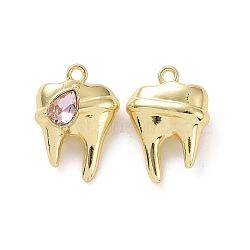 Rack Plating Alloy Glass Pendants, Cadmium Free & Lead Free & Nickle Free, Faceted, Tooth Charms with Teardrop, Light Gold, Pearl Pink, 19x13.5x7mm, Hole: 1.4mm(FIND-I037-08LG-03)