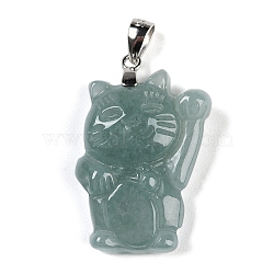 Natural Jadeite Carved Pendants, Fortune Cat Shape Charms with Rhodium Plated 925 Sterling Silver Snap on Bails, 24.5x15.5x5.5mm, Hole: 3.5x2mm(G-F768-03)