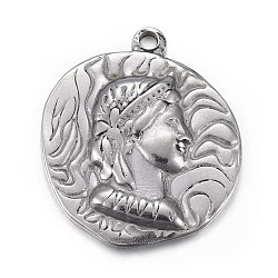 304 Stainless Steel Pendants, Flat Round with Marianne, Antique Silver, 25x22x3mm, Hole: 1.8mm(STAS-P218-02B)
