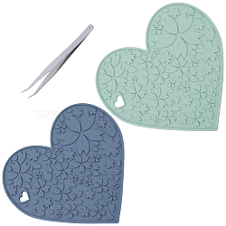 2Pcs 2 Colors Silicone Hot Mats for Hot Dishes, Heart with Sakura Pattern, with 1Pc Iron Beading Tweezers, Mixed Color, 180x190x5.5mm(AJEW-GF0008-29A)