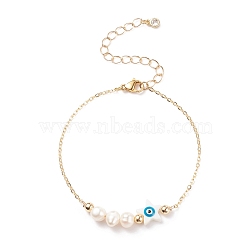 Natural Pearl & Shell Star with Evil Eye Link Bracelet with Brass Chains for Women, Golden, 7-1/4 inch(18.5cm)(BJEW-JB08329-01)