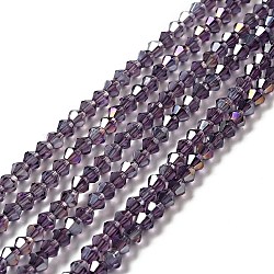 Transparent Electroplate Glass Beads Strands, AB Color Plated, Faceted Bicone, Purple, 4.5x4mm, Hole: 0.7mm, about 88~92pcs/strand, 13.50~14.06 inch(34.3~35.7cm)(EGLA-S056-4mm-18)