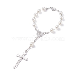 Religious Prayer Imitation Pearl Beaded Rosary Bracelet, Virgin Mary Crucifix Cross Long Charm Bracelet for Easter, Platinum, 7-1/2 inch(18.9cm)(BJEW-O140-01P)