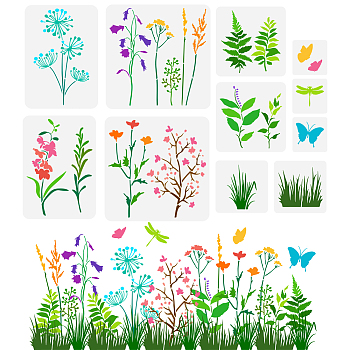 11Pcs 11 Styles Plant Theme PET Hollow Out Drawing Painting Stencils, for DIY Scrapbook, Photo Album, Mixed Shapes, 100~300x100~300mm, 1pc/style