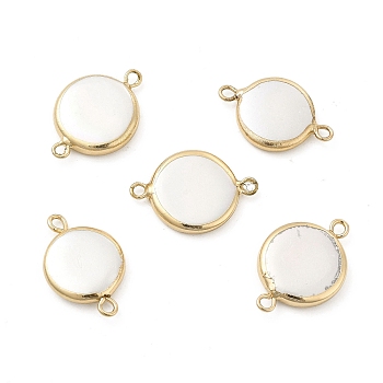 Shell Pearl Connector Charms, with Brass Double Loops, Flat Round Links, Light Gold, 22x13~15x3~4mm, Hole: 1.6~1.8mm