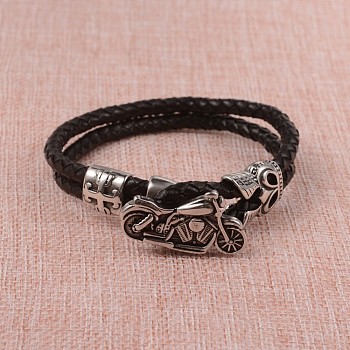 Braided Leather Cord Bracelets, Multi-strand Bracelets, with 316 Surgical Stainless Steel Motorcycle Clasps, Antique Silver, Black, 235x5x2mm