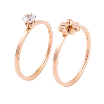 Flower 304 Stainless Steel Finger Ring Set for Women, Solitaire Ring with Cubic Zirconia, Rose Gold, US Size 6~9(16.5~18.9mm), 2pcs/set