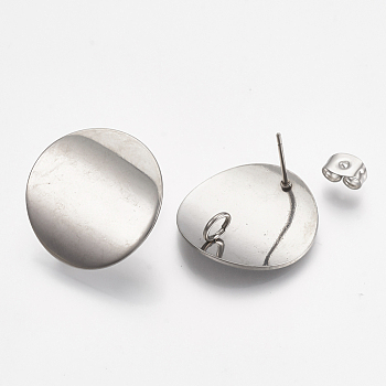 304 Stainless Steel Stud Earring Findings, with Loop, Curved, Flat Round, Stainless Steel Color, 20mm, Hole: 3mm, Pin: 0.8mm