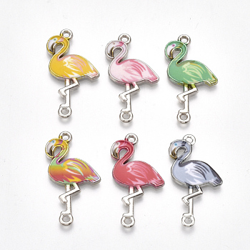 Printed Alloy Links connectors, with Enamel, Flamingo Shape, Platinum, Mixed Color, 31x17x1.5mm, Hole: 1.6mm