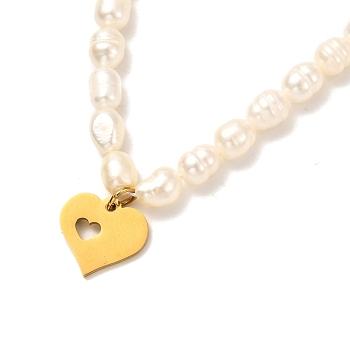 Heart Pendant Necklace for Girl Women, Natural Pearl Necklace, Golden, White, 15.31 inch(38.9cm)