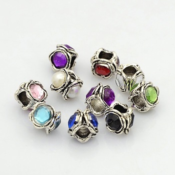 Flower Antique Silver Tone Alloy European Beads, with Acrylic Rhinestone and Acrylic Pearl Beads, Large Hole Beads, Mixed Color, 11x8mm, Hole: 5mm