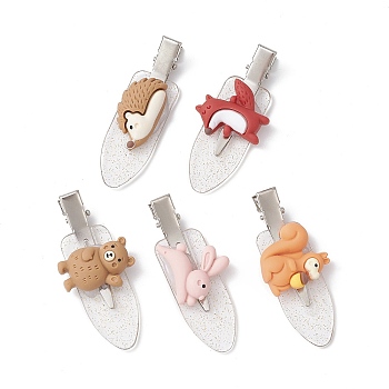 Forest Animal Theme Opaque Resin Alligator Hair Clips, with Glitter Alloy & Plastic Clip, for Girls, Mixed Shapes, 18.5~26x59x11.5mm
