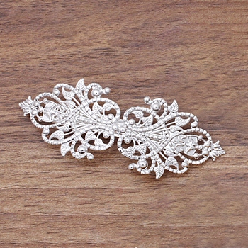 Brass Filigree Hair Barrette, Hollow out, with Iron Findings, Flower, Silver Color Plated, 94x34mm