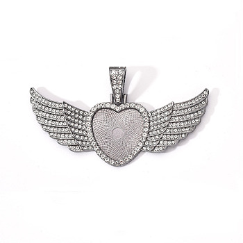 Alloy Pendant Cabochon Settings, with Crystal Rhinestone, Cadmium Free & Lead Free, Heart with Wing, Gunmetal, Tray: 23x25mm, 38.5x88x5mm, Hole: 16x6mm