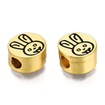 Alloy Enamel Beads, Matte Style, Cadmium Free & Lead Free, Flat Round with Rabbit, Black, 10x5.5mm, Hole: 3mm