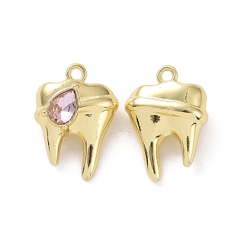 Rack Plating Alloy Glass Pendants, Cadmium Free & Lead Free & Nickle Free, Faceted, Tooth Charms with Teardrop, Light Gold, Pearl Pink, 19x13.5x7mm, Hole: 1.4mm