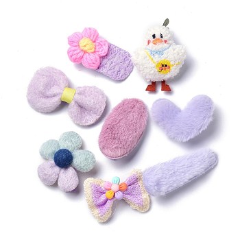 kids Hair Clips Sets, Iron Snap Hair Clips & Alligator Hair Clips, with Wool and Cloth, Rectangle & Duck & Bowknot & Oval & Heart & Flower & Teardrop, Plum, 54~74x26~55x12~25mm, 8pcs/set