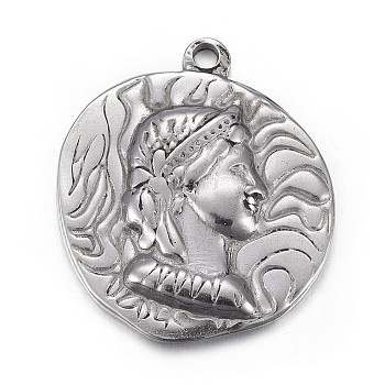 304 Stainless Steel Pendants, Flat Round with Marianne, Antique Silver, 25x22x3mm, Hole: 1.8mm