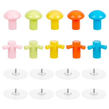 2 Sets 2 Style PP Knob Wall Hook Hangers, No Punch Traceless Door Hooks, with Adhesive PVC Base, Mushroom/Branch Shape, Mixed Color, Hanger: 37.5x33.5mm & 33x37x25.5, Hole: 3.5mm, 5pcs/set, 1 set/style