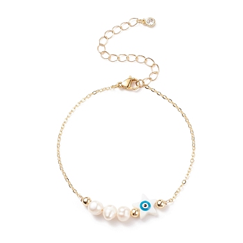 Natural Pearl & Shell Star with Evil Eye Link Bracelet with Brass Chains for Women, Golden, 7-1/4 inch(18.5cm)