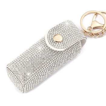 PU Leather & Rhinestones Lipstick Storage Bags, Portable Lip Balm Organizer Holder for Women Ladies, with Light Gold Tone Alloy Keychain, Rectangle, Clear, Bag: 15.5x2.7cm