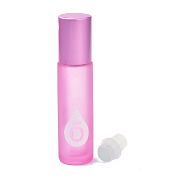 Glass Color Essential Oil Empty Perfume Bottles, with PP Plastic Caps and Roller Ball, Column, Frosted, Pink, 2x8.5cm, Capacity: 10ml(0.34fl. oz)