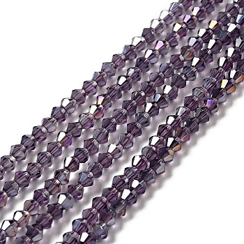 Transparent Electroplate Glass Beads Strands, AB Color Plated, Faceted Bicone, Purple, 4.5x4mm, Hole: 0.7mm, about 88~92pcs/strand, 13.50~14.06 inch(34.3~35.7cm)