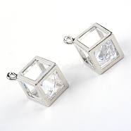 Brass Glass Charms, Cube, Silver Color Plated, 9.5x9.5x8mm, Hole: 1mm(KK-Q078-09S)