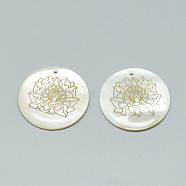 FFreshwater Shell Pendants, Covered with Iron Findings, Flat Round with Lotus, Golden, 30~31x2~3mm, Hole: 1.8mm(SHEL-Q016-011G)