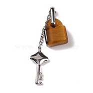 Natural Tiger Eye Pendants, with Stainless Steel Color Tone 304 Stainless Steel Key & Chain, 49x12.5x7.5mm, Hole: 9.5x3.5mm, Lock: 15.5x12x6.5mm, Key: 18x10x2.5mm(G-B027-03D)