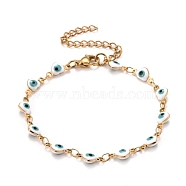 Enamel Heart with Evil Eye Link Chains Bracelet, Vacuum Plating 304 Stainless Steel Jewelry for Women, Golden, White, 6-7/8 inch(17.5cm)(BJEW-P271-07G-02)