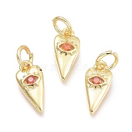 Brass Micro Pave Cubic Zirconia Pendants, with Jump Ring, Heart with Eye, Real 18K Gold Plated, Light Salmon, 12x5.5x2.3mm, Jump Rings: 5x0.8mm, Inner Diameter: 3mm(KK-P187-15G-G)
