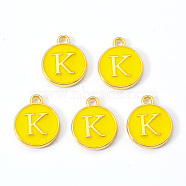 Golden Plated Alloy Enamel Charms, Enamelled Sequins, Flat Round with Letter, Gold, Letter.K, 14x12x2mm, Hole: 1.5mm(ENAM-S118-09K)