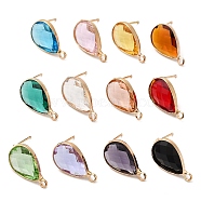 Brass Stud Earring Findings, with Glass and 304 Stainless Steel Pins & Horizontal Loops, Light Glod, Teardrop, Mixed Color, 18~18.5x10.5x4~4.5mm, Hole: 1.8mm, Pin: 0.8mm(KK-Q777-28LG)