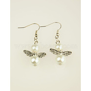Trendy Glass Pearl Fairy Wing Dangle Earrings, with Tibetan Style Beads, Brass Earring Hooks, White, 45mm(EJEW-JE00290-01)