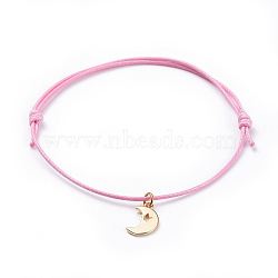Cord Bracelets, with Eco-Friendly Korean Waxed Polyester Cord and Brass Charms, Moon, Golden, Pearl Pink, 2-1/2 inch~3-3/8 inch(6.5~8.6cm)(BJEW-JB04518-06)