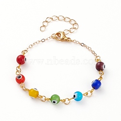 Handmade Evil Eye Lampwork  Beaded Bracelets, with Brass Chains and 304 Stainless Steel Lobster Claw Clasps, Round, Golden, Colorful, 6-3/8 inch(16.2cm)(BJEW-JB05854)