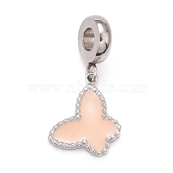 304 Stainless Steel European Dangle Charms, Large Hole Pendants, with Enamel, Stainless Steel Color, Butterfly, Light Salmon, 26mm, Hole: 4.5mm, Butterfly: 15.5x13x2mm(STAS-I194-14A)