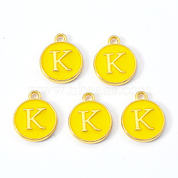 Golden Plated Alloy Enamel Charms, Enamelled Sequins, Flat Round with Letter, Gold, Letter.K, 14x12x2mm, Hole: 1.5mm(ENAM-S118-09K)