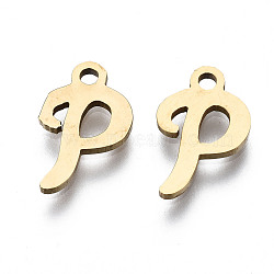 201 Stainless Steel Charms, Laser Cut, Alphabet, Golden, Letter.P, 12.5x8x1mm, Hole: 1.4mm(STAS-T044-217G-P)