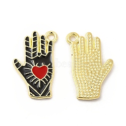 Alloy Enamel Pendants, Hand with Heart Pattern, Platinum, Golden, Black, 21.5x14x1.5mm, Hole: 1.6mm(ENAM-J650-05G-02)
