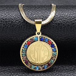 Colorful Rhinestone Saint Benedict Pendant Necklaces, with 304 Stainless Steel Flat Snake Chains, Golden, 16.61 inch(42.2cm)(NJEW-G123-01G)