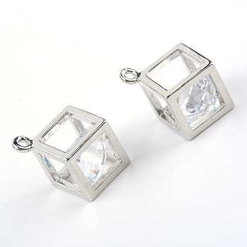 Brass Glass Charms, Cube, Silver Color Plated, 9.5x9.5x8mm, Hole: 1mm