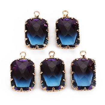 Gradient Color Glass Pendants, with Brass Prong Settings, Faceted, Rectangle, Light Gold, Midnight Blue, 24x14x6mm, Hole: 1.6mm