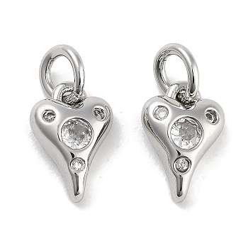 Brass Micro Pave Cubic Zirconia Charms, with Jump Ring, Heart, Platinum, Clear, 10x6.5x2.5mm, Hole: 3mm