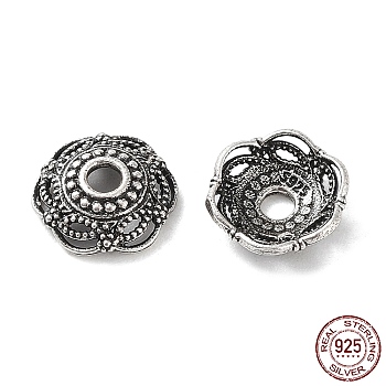 925 Sterling Silver Bead Caps, Flower, Antique Silver, 7.5x2.5mm, Hole: 1.6mm