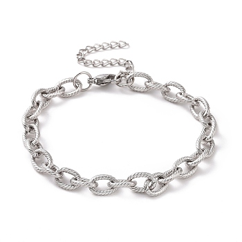 304 Stainless Steel Textured Cable Chain Bracelet for Men Women, Stainless Steel Color, 7-1/4 inch(18.5cm)