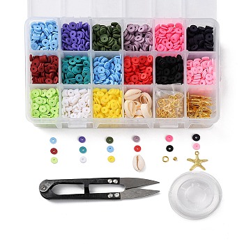 DIY Bracelet Making Kit, Including Polymer Clay Disc & Natural Cowrie Shell Beads, Starfish Alloy Pendants, Elastic Wire, Scissor, Mixed Color, 3206~3356Pcs/box