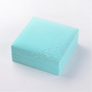 Square Velvet Bracelets Boxes, Jewelry Gift Boxes, Flower Pattern, Pale Turquoise, 10.1x10x4.3cm