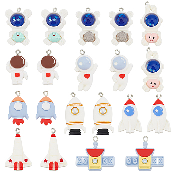 Elite 20Pcs 10 Styles Space Theme Opaque Resin Pendants, with Platinum Tone Iron Loops, Spaceman & Rocket, Mixed Color, 23~40x16.5~30x6.5~12mm, Hole: 2mm, 2pcs/style